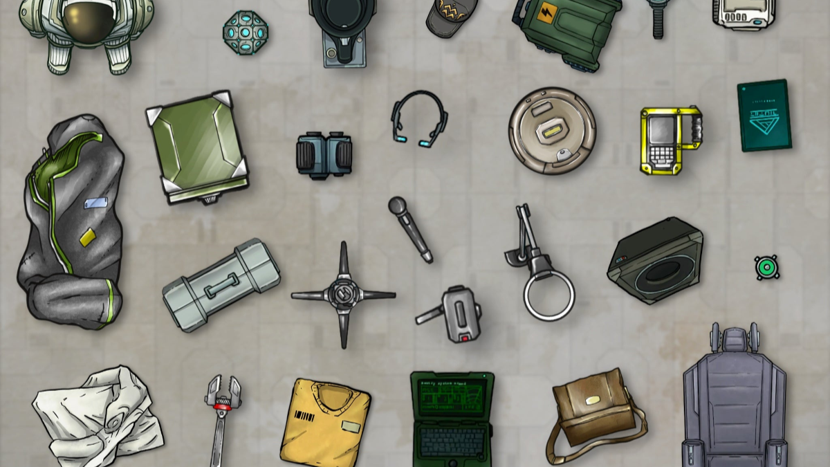 Collection of various game or sci-fi themed items on a gray background